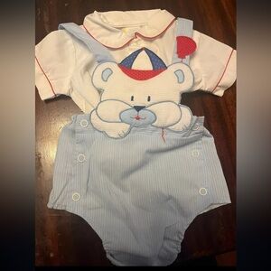 Vintage Baby Bear Overall Set Collared Button Short Sleeve Shirt 3-6 Months